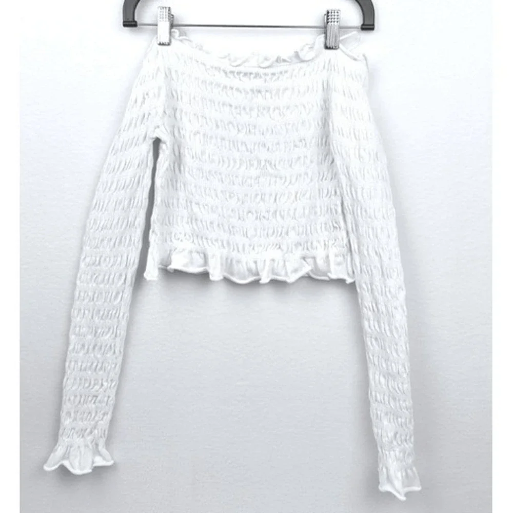 Zara White Smocked Off Shoulder Crop Top Long Sleeve Ruffle Trim Size M